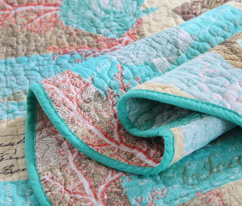 YAYIDAY Quilts Queen Size Bedspread Set - 100% Cotton Reversible Breathable Star Fish Coral Shell Style Quilted Quilt with Pillow Shams for All Seasons - Image 4